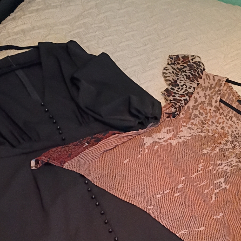 FYLO Black and Brown Leopard Print Blouse & Black Long Zip Back Blouse.